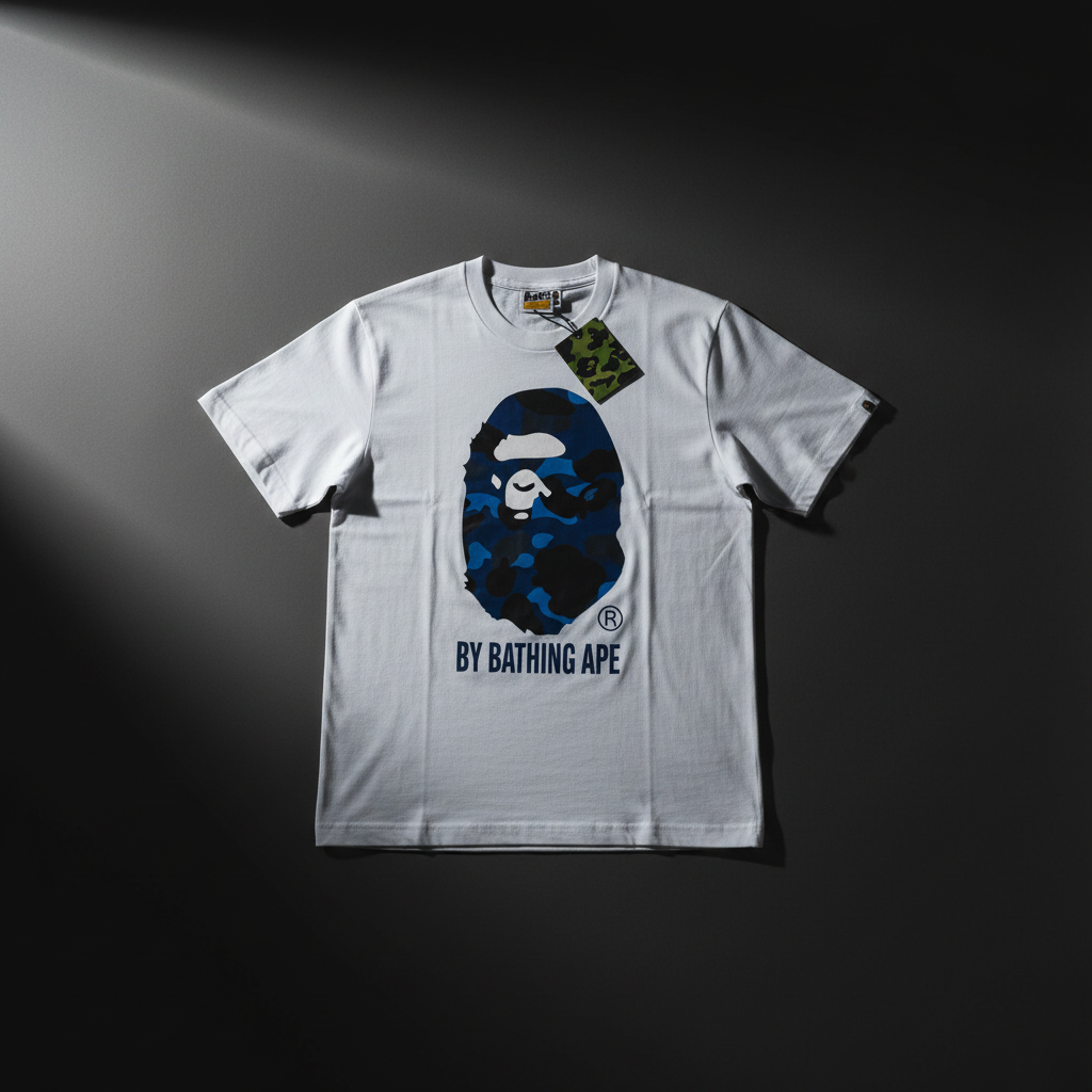 BAPE Short Sleeve T-Shirt on dark surface with dramatic streetwear lighting